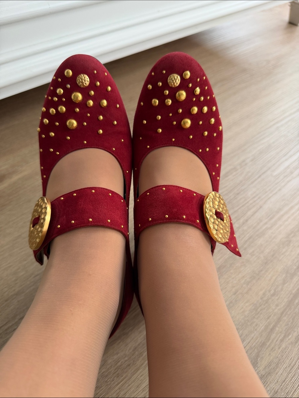 Prada Red Suede Mary Jane Heels with Gold Studs and Sculpted Heel - Picture 10 of 13